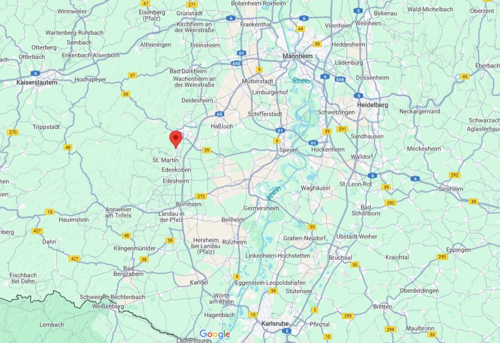 Eine Übersichtskarte mit der Lage von ZEN Südpfalz in Neustadt-Diedesfeld, im Umfeld von Landau, Karlsruhe, Speyer, Mannheim, Bad Dürkheim