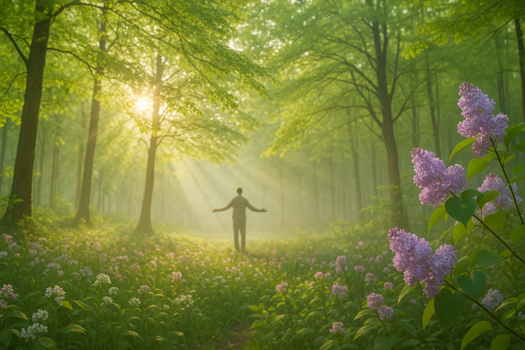 Frühling im Wald mit Blüten und sonnendurchflutetem Blätterdach