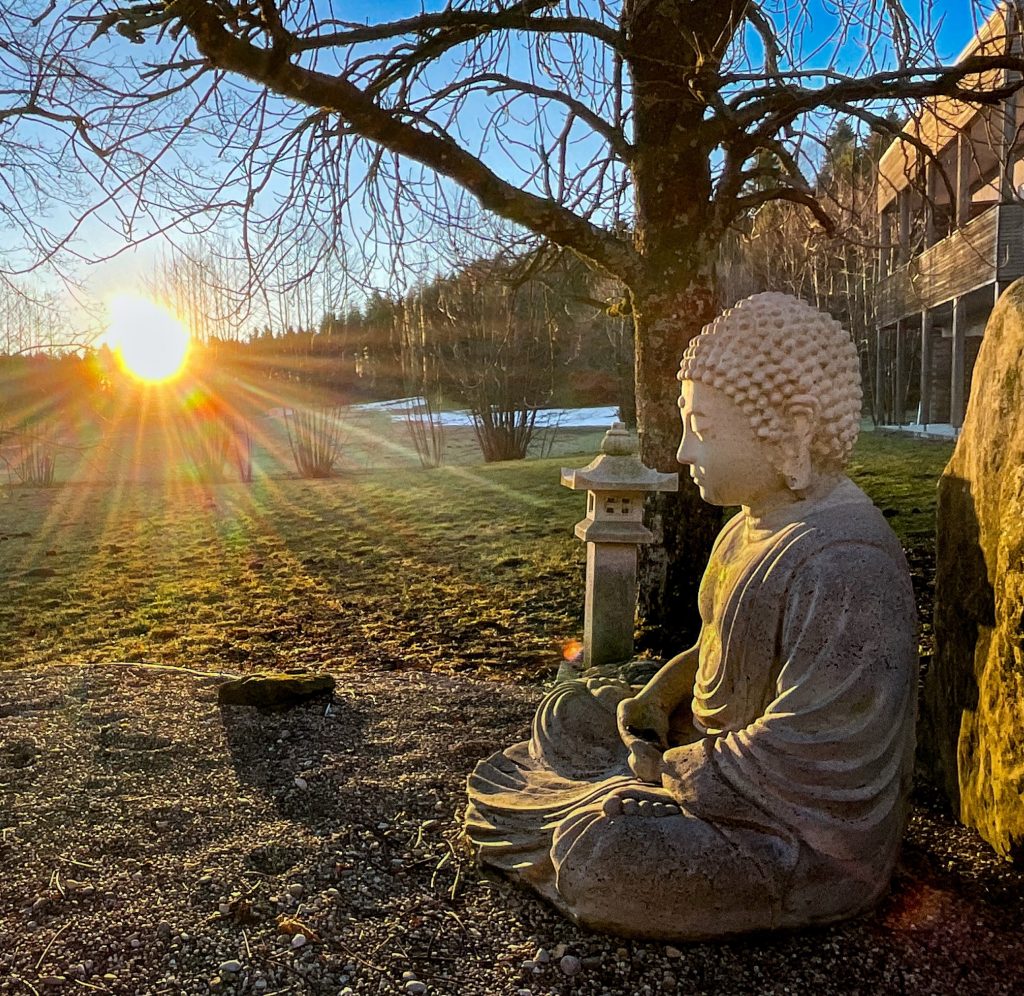 Meditations-Praxis. Ein Buddha am Eingang des Zen-Klosters bei Sonnenaufgang.