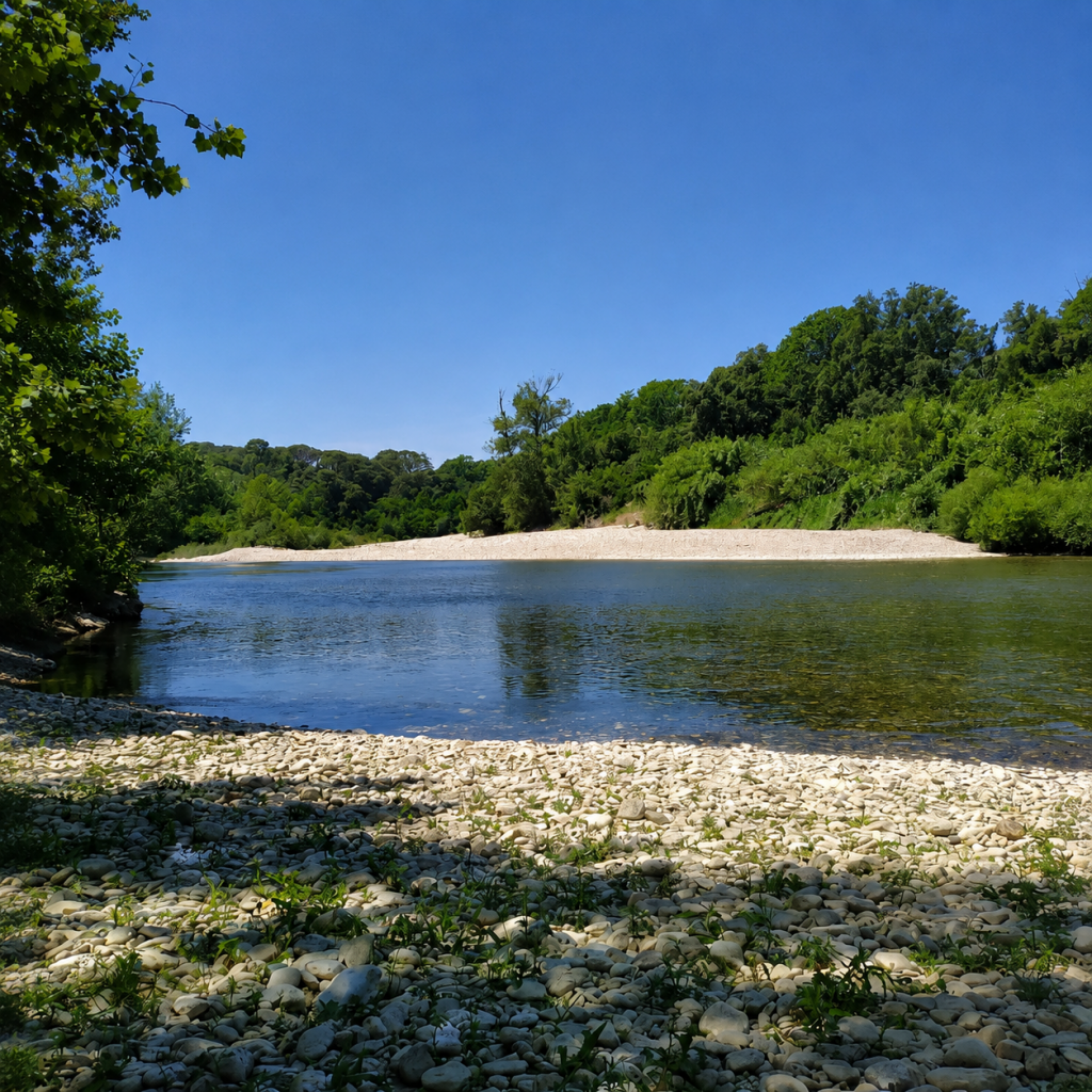Am Fluss. Eine Kiesbank an einem langsam fließenden Fluss; Gardon in der Provence