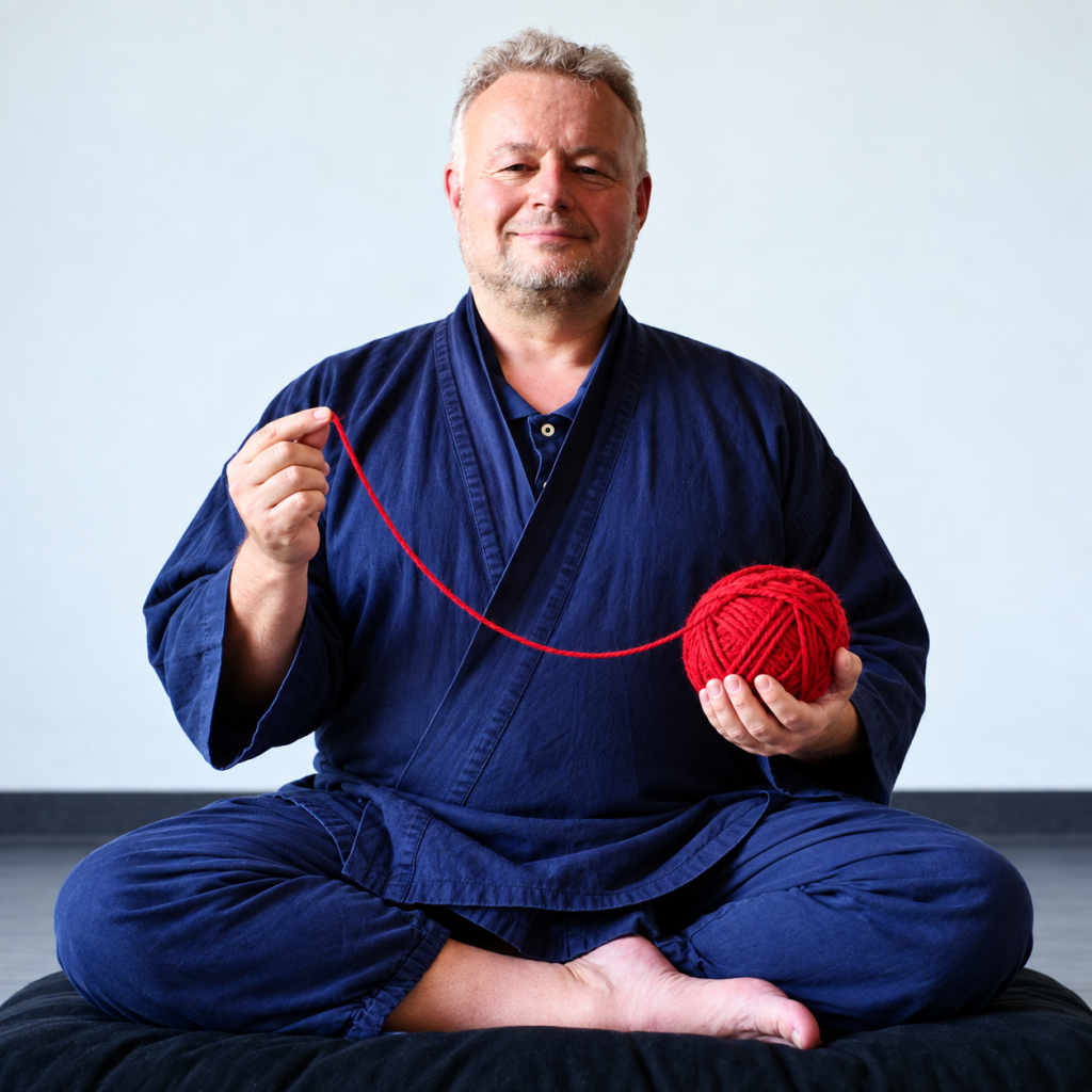 Wieder-Einsteiger: Faden verloren? Meditierender mit einem Wollknäul und dem verlorenen Faden.